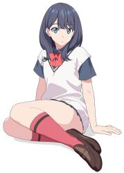  1girl arm_support black_hair black_skirt blue_eyes blush bow bowtie breasts gridman_universe gridman_universe_(movie) highres long_hair long_sleeves looking_at_viewer open_mouth pleated_skirt red_bow school_uniform shirt short_sleeves simple_background sitting skirt solo steelhead0617 takarada_rikka thighs yokozuwari 