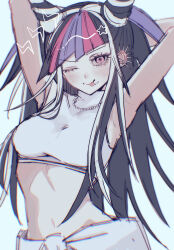  1girl :p ;p armpits arms_up bead_necklace beads black_hair blush crop_top danganronpa_(series) danganronpa_2:_goodbye_despair ear_piercing earrings hair_horns highres jewelry long_hair mioda_ibuki multicolored_hair navel necklace nelt one_eye_closed piercing pink_eyes pink_hair pink_streaks shirt smile solo stomach streaked_hair tongue tongue_out white_hair white_shirt 