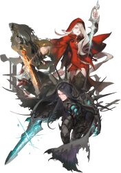  1girl 2boys absurdres argenta armor black_gloves black_hair blonde_hair cbow chinese_commentary commentary_request dragon_nest fingerless_gloves gem geraint glint gloves grey_hair highres holding holding_sword holding_weapon hood hood_up jewelry looking_at_viewer multiple_boys necklace red_gem simple_background spiked_armor spikes sword transparent_background velskurd weapon yellow_eyes 