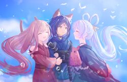  3girls :d ^_^ absurdres animal_ears arm_hug black_choker blue_kimono blue_sky cho_kaguya-hime! choker closed_eyes closed_mouth clothing_cutout commentary_request cowboy_shot crescent crescent_hair_ornament day droopy_ears floating_hair forehead_jewel green_eyes grey_hair hair_ornament hair_rings hair_stick highres japanese_clothes kaguya_(cho_kaguya-hime!) kaguya_(tsukuyomi)_(cho_kaguya-hime!) kimono long_hair looking_at_another multiple_girls open_mouth outdoors pink_hair profile purple_hair red_kimono runami_yachiyo runami_yachiyo_(tsukuyomi) sakayori_iroha sakayori_iroha_(tsukuyomi) short_hair shoulder_cutout simple_bird sky smile snowpix standing straight_hair yuri 