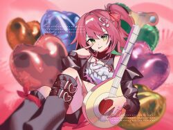  1girl akanbe alternate_costume alternate_hairstyle black_boots black_jacket black_shorts boots commentary_request eyelid_pull green_eyes guitar hair_between_eyes hair_ornament hair_ribbon hairclip heart heart-shaped_pillow highres holding holding_guitar holding_instrument instrument jacket jewelry long_sleeves looking_at_viewer mega_man_(series) mega_man_star_force_(series) mika_(mika_tan002) necklace open_clothes open_jacket pillow ponytail red_hair ribbon short_hair short_ponytail shorts side_ponytail single_off_shoulder solo sonia_strumm_(mega_man) tongue tongue_out 