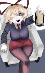  absurdres alternate_breast_size_(larger) alternate_costume blonde_hair blue_eyes bow breasts can colored_eyelashes couch crossed_legs drink_can highres large_breasts long_sleeves looking_at_viewer medicine_melancholy miniskirt nail_polish necktie office office_lady on_couch one_eye_closed pantyhose pencil_skirt red_bow sakamuotoo short_hair sitting skirt skirt_suit soda_can suit touhou wide_hips 