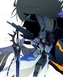  2boys antenna_hair arm_guards armor artist_name asymmetrical_wings belt black_belt black_choker black_gloves black_pants black_shirt blonde_hair blue_cape blue_eyes cape chest_belt choker closed_mouth coat collared_shirt commentary_request cowboy_shot cracked_skin dawnmaker_(honkai:_star_rail) dual_persona face_in_shadow fingerless_gloves floating_cape floating_clothes giant gloves grey_hair hair_between_eyes hand_up hands_up high_collar highres holding holding_sword holding_weapon honkai:_star_rail honkai_(series) long_hair_between_eyes long_sleeves looking_to_the_side male_focus multiple_boys neck_tattoo pants phainon_(honkai:_star_rail) phainon_(khaslana)_(honkai:_star_rail) sakae_0_0 shirt short_hair shoulder_armor shoulder_spikes simple_background single_glove smile spikes standing sun_symbol sun_tattoo sword tattoo thigh_strap two-sided_cape two-sided_fabric upper_body v-shaped_eyebrows weapon white_background white_coat wings yellow_cape yellow_eyes 