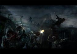  6+boys armor artillery assault_rifle assault_visor blacklight:tango_down blade_to_throat blood bridge clouds cloudy_sky combat_helmet commentary concept_art english_commentary firing fog gun gun_sling helmet holding holding_gun holding_weapon industrial insignia letterboxed load-bearing_vest military multiple_boys muzzle_flash night pauldrons railing rifle science_fiction searchlight shoulder_armor silhouette sky submachine_gun ukitakumuki war weapon weapon_request 
