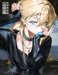 1girl absurdres adjusting_hair barcode belt between_fingers black_belt black_choker black_shirt blonde_hair blue_eyes blue_nails choker cigarette closed_mouth clothes_pin ear_piercing earrings film_grain fingernails goth_fashion hair_between_eyes hand_on_own_chin highres holding holding_cigarette jewelry lace-trimmed_choker lace_trim lock long_fingernails long_hair long_sleeves looking_at_viewer nail_polish necklace original piercing shirt sigta sleeves_past_wrists smoke smoking solo stud_earrings upper_body very_long_hair