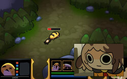  1girl :| brown_hair closed_mouth commentary expressionless fake_screenshot gigi_murin gigi_murin_(1st_costume) grem_(gigi_murin) heads-up_display health_bar highres hololive hololive_english hood hoodie keenbiscuit league_of_legends livestream minimap multicolored_hair orange_hoodie short_hair twintails two-tone_hair user_interface virtual_youtuber 