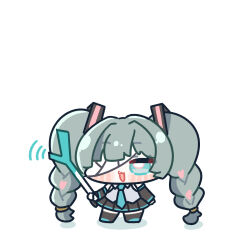  1girl :3 aqua_eyes aqua_necktie bandage_over_one_eye black_skirt black_sleeves blush blush_stickers braid chibi chibi_only commentary_request cosplay detached_sleeves food full_body hair_ornament hatsune_miku hatsune_miku_(cosplay) heart highres holding holding_food holding_spring_onion holding_vegetable long_hair looking_at_viewer necktie one_eye_covered open_mouth phrolova_(wuthering_waves) pleated_skirt shirt simple_background skirt sleeveless sleeveless_shirt smile solo spring_onion standing syurikenmaru twin_braids twintails vegetable white_background wuthering_waves 