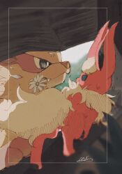  animal_ears arcanine black_eyes bright_pupils commentary_request dog fangs flareon flower fluffy highres neck_fur no_humans orange_fur pokemon pokemon_(creature) pokemon_focus snout tail uni_pkmn white_flower white_pupils yellow_fur 