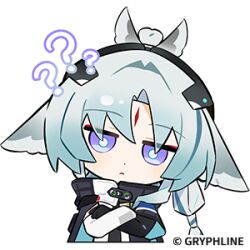  1girl ? ?? animal_ears arcane_(arknights) arknights arknights:_endfield bird_ears bird_girl blue_eyes chibi chibi_only closed_mouth confused crossed_arms facial_mark forehead_mark gradient_hair grey_hair head_tilt head_wings lowres multicolored_hair official_art ponytail two-tone_cape wings 