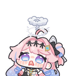  1girl ahoge black_bow blue_eyes blue_hair bow chibi chibi_only commentary_request denia_(wuthering_waves) gradient_hair hair_intakes halo long_hair multicolored_hair open_mouth pink_hair solo syurikenmaru teeth upper_teeth_only wuthering_waves 
