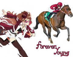  1boy 1girl animal_ears black_boots boots bridle brown_hair chain_necktie character_name choker commentary creature_and_personification ears_through_headwear english_commentary fedora forever_young_(racehorse) forever_young_(racing)_(umamusume) forever_young_(umamusume) goggles green_choker green_eyes hat helmet highres horse horse_ears horse_girl horse_racing jacket jockey long_hair long_sleeves looking_at_viewer mappleon1 midriff multicolored_hair navel necktie pants personification purple-tinted_eyewear racing_colors real_life red_helmet red_jacket red_streaks reins running sakai_ryusei saudi_cup shorts shorts_under_skirt simple_background skirt streaked_hair sunglasses thigh-highs tinted_eyewear umamusume white_background white_necktie white_pants white_skirt white_streaks 