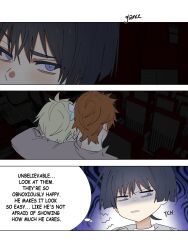  1girl 2boys alternate_costume arm_around_shoulder black_hair blonde_hair blue_flower blunt_ends bright_pupils casual contemporary crossed_bangs english_text flower from_above from_behind furrowed_brow genshin_impact grey_sleeves hair_flower hair_ornament highres indoors looking_down looking_up lumine_(genshin_impact) movie_theater multicolored_flower multiple_boys orange_hair parted_lips partially_shaded_face raised_eyebrow scaramouche_(genshin_impact) shirt short_hair speech_bubble tartaglia_(genshin_impact) theater_seating tsurime turtleneck turtleneck_shirt violet_eyes white_flower white_mouth white_pupils white_shirt wispy_bangs ysnden 