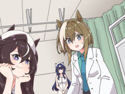  3girls :3 alternate_costume animal_ears blue_eyes blue_hair blue_necktie brown_hair ceiling cheval_grand_(umamusume) coat collared_shirt commentary_request curtains doctor dress echieichi green_shirt hand_on_own_chin highres horse_ears horse_girl hospital lab_coat long_hair looking_at_viewer meme mole mole_under_eye multicolored_hair multiple_girls necktie nine_years_in_a_coma_(meme) nurse open_clothes open_coat open_mouth own_hands_together parody pov scene_reference shirt sleeveless sleeveless_dress stethoscope streaked_hair tile_ceiling tiles umamusume v_sisters verxina_(umamusume) vivlos_(umamusume) white_coat white_streaks 