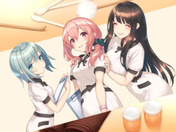  3girls :d :o ^_^ black_bow black_bowtie black_trim blunt_bangs blurry blush bow bowtie bracelet breasts brown_hair carpet clip_studio_paint_(medium) clipboard closed_eyes collared_shirt commentary_request cup dot_nose dress ear_cleaning from_side hair_between_eyes hair_ornament hair_scrunchie hand_on_another's_shoulder hime_cut holding holding_clipboard indoors jewelry large_breasts leaning_on_person long_hair long_sidelocks looking_at_viewer looking_to_the_side low_side_ponytail makeup medium_breasts medium_hair mimikaki mole mole_under_mouth multiple_girls nail_polish official_art original pink_hair pokachu puffy_short_sleeves puffy_sleeves red_eyes red_lips red_nails rouge_(makeup) scrunchie shirt short_hair short_sleeves side_ponytail sidelocks small_breasts smile standing turning_head upper_body white_dress 