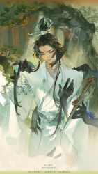  1boy artist_name black_hair bonsai brown_eyes chinese_clothes cowboy_shot eyelashes facial_mark forehead_mark hair_ornament hair_stick hanfu highres holding holding_sword holding_weapon lips long_hair long_sleeves male_focus original parted_lips solo surrounded_by_hands sword tassel tree weapon white_hanfu wide_sleeves yuansheng_zhengtai 