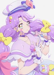  1girl ahoge beads beret blue_bow blue_eyes bow capelet choker cure_coral dress facial_mark fingerless_gloves frilled_capelet frills gloves hair_beads hair_bow hair_ornament hat hat_bow heart heart_facial_mark highres holding holding_wand kumahubuki long_hair looking_at_viewer magical_girl marking_on_cheek multi-tied_hair multicolored_eyes orange_eyes parted_lips pink_bow precure purple_capelet purple_choker purple_dress purple_hair purple_ribbon ribbon solo suzumura_sango tropical-rouge!_precure two-tone_eyes upper_body wand white_gloves white_hat wrist_ribbon yellow_bow 