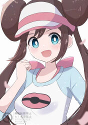  1girl aoneko4ao_(edwf7745) blue_eyes bright_pupils brown_hair commentary_request donut_hair_bun double_bun hair_bun hand_up long_hair looking_at_viewer pokemon pokemon_black_2_and_white_2 raglan_sleeves rosa_(pokemon) shirt solo twintails upper_body visor_cap watermark white_background white_pupils 