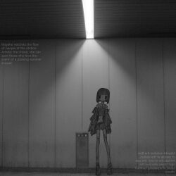  1girl absurdres bob_cut commentary_request cropped_shirt english_text fishnet_thighhighs fishnets greyscale highres jacket looking_at_viewer mirrored_text monochrome narue off_shoulder open_clothes open_jacket original photo_background short_shorts shorts solo standing thigh-highs 