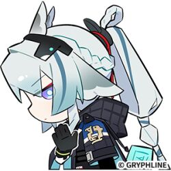  1girl animal_ears arcane_(arknights) arknights arknights:_endfield bird_ears bird_girl blue_eyes chibi chibi_only closed_mouth dot_mouth from_side gradient_hair grey_hair hand_up head_wings lowres multicolored_hair official_art ponytail profile two-tone_cape wings 