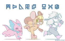  all_fours antenna_hair arm_cannon bandana bandana_around_neck belt black_pants blonde_hair blue_bow blue_bowtie blue_eyes blush_stickers boots bow bowtie buck_teeth colored_shadow colored_skin digimoji digimon digimon_(creature) elizamon eye_mask fang fins full-length_zipper furry furry_female green_eyes head_fins highres ineeda lizard lizard_tail long_hair looking_ahead looking_at_viewer mask open_mouth pants pink_skin red_bandana red_belt red_boots red_eyes roller_skates running safety_pin safety_pin_earring safety_pin_piercing shadow shoeshoemon sideways_glance simple_background skates smile smug squirrel_costume squirrel_girl squirrel_tail tail teeth twitter_username weapon white_background white_hair wolvermon zipper zipper_pull_tab 