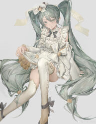  1girl :q absurdres apron aqua_eyes aqua_hair aqua_nails bow chinese_commentary commentary_request dress food-themed_hair_ornament glasscloth hair_between_eyes hair_bow hair_ornament hatsune_miku highres holding_apron long_hair looking_at_viewer macaron_hair_ornament muted_colors nail_polish solo thigh-highs tongue tongue_out twintails very_long_hair vocaloid watermark weibo_watermark white_apron white_dress white_thighhighs zettai_ryouiki 
