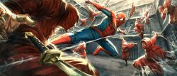  6+boys bodysuit fighting fighting_stance flying_kick highres katana kicking marvel mask midair mouth_mask multiple_boys ninja ninja_mask running silk spider-man spider-man:_brand_new_day spider-man_(series) spider_web spider_web_print sumollama1 superhero_costume sword weapon web_shooter 