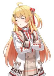  >:( 1girl ahoge blonde_hair blush brown_dress closed_eyes closed_mouth crossed_arms dress frilled_jacket frills frown hair_ornament hair_ribbon highres hololive jacket long_hair long_sleeves musical_note musical_note_hair_ornament neck_ribbon otonose_kanade piano_keys piano_print plaid_clothes plaid_dress red_ribbon ribbon simple_background solo standing v-shaped_eyebrows vakuuberi virtual_youtuber white_background white_jacket 