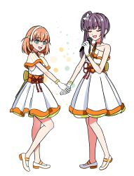  2girls :d aqua_eyes cerise_bouquet closed_eyes collarbone commentary dress flower full_body gloves hair_bun hair_flower hair_ornament hairband heel_up highres hinoshita_kaho holding holding_hands holding_microphone long_hair looking_at_viewer love_live! love_live!_hasu_no_sora_jogakuin_school_idol_club mary_janes medium_hair microphone multiple_girls obi obijime open_mouth orange_sash otomune_kozue purple_hair rabbit_hair_ornament sash shoes side_ponytail sidelocks single-shoulder_dress single_bare_shoulder single_side_bun smile standing suisai_sekai tenteko_kome two_side_up u_u virtual_youtuber white_dress white_gloves white_hairband white_shoes 