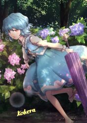  1girl blue_eyes blue_hair blue_shirt blue_skirt blue_vest brown_sandals closed_umbrella commentary_request flower geta heterochromia highres holding holding_umbrella hydrangea kakera_(comona_base) lens_flare long_sleeves looking_at_viewer open_mouth outdoors pink_flower purple_flower purple_umbrella red_eyes sandals shirt skirt smile solo tatara_kogasa touhou umbrella vest white_shirt 