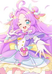  1girl :d ;d ahoge akechi_anna back_bow blue_eyes bow bowtie brooch capelet commentary_request cure_answer double_bun dress dress_bow fingerless_gloves gloves hair_bun hair_intakes hair_ornament hair_ribbon heart heart_brooch highres jewelry long_hair looking_at_viewer magical_girl meitantei_precure! one_eye_closed open_mouth outstretched_arm pink_ribbon pointing pointing_at_self precure purple_bow purple_bowtie purple_capelet purple_dress purple_hair purple_ribbon reaching reaching_towards_viewer ribbon smile solo tokoshibyra very_long_hair white_gloves wing_hair_ornament wrist_ribbon yellow_bow 