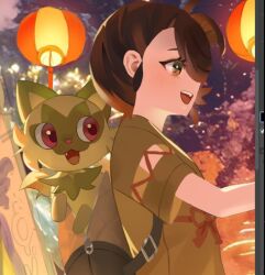  1girl backpack bag brown_eyes brown_hair cat fang green_fur juliana_(pokemon) lantern naz_(hsae3838) open_mouth paper_lantern pokemon pokemon_(creature) pokemon_in_clothes pokemon_scarlet_and_violet red_eyes smile sprigatito tree 