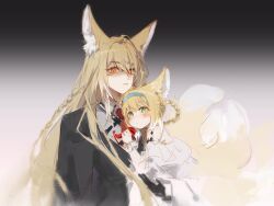  2girls animal_ear_fluff animal_ears arknights black_jacket blonde_hair blue_hairband chinese_commentary closed_mouth commentary_request fox_ears fox_girl fox_tail glaring gradient_background green_eyes hair_between_eyes hairband highres jacket kitsune kyuubi long_hair long_sleeves looking_at_another looking_at_viewer mother_and_child mother_and_daughter multicolored_hair multiple_girls multiple_tails parent_and_child shaded_face suzuran_(arknights) tail upper_body vulpisfoglia_(arknights) yoona_(li_mozi) 