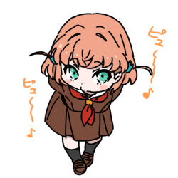  1girl aqua_eyes black_socks blush_stickers breasts brown_dress brown_shoes commentary_request dress eighth_note full_body hair_ornament hasu_no_sora_school_uniform hinoshita_kaho leaning_forward loafers long_sleeves looking_at_viewer love_live! love_live!_hasu_no_sora_jogakuin_school_idol_club medium_breasts musical_note neckerchief orange_hair puckered_lips rabbit_hair_ornament red_neckerchief sailor_collar sailor_dress school_uniform shinanoya_(satanicad) shoes simple_background socks spoken_musical_note two_side_up virtual_youtuber whistling white_background white_sailor_collar winter_uniform 