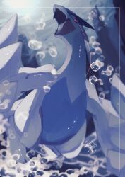  absurdres bubble commentary eye_trail fangs highres light_trail looking_at_viewer lugia no_humans open_mouth pokemon pokemon_(creature) pokemon_focus tongue underwater uni_pkmn untranslatable_commentary water wings 