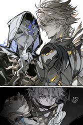  3boys antenna_hair armor belt black_background black_belt black_bridal_gauntlets black_choker black_robe black_sclera black_shirt blonde_hair blue_eyes border bound bridal_gauntlets chest_belt choker closed_mouth coat collarbone collared_shirt colored_sclera commentary covered_mouth cracked_skin diamond-shaped_pupils diamond_(shape) empty_eyes fire from_side gag gauntlets grey_eyes grey_hair gyulseu hair_between_eyes hand_up highres honkai:_star_rail honkai_(series) hooded_robe index_finger_raised long_sleeves looking_at_another male_focus multiple_boys multiple_persona neck_tattoo pale_skin pauldrons phainon_(flame_reaver)_(honkai:_star_rail) phainon_(honkai:_star_rail) phainon_(khaslana)_(honkai:_star_rail) purple_fire robe shirt short_hair shoulder_armor simple_background single_gauntlet single_pauldron sun_symbol sun_tattoo symbol-shaped_pupils tattoo teeth tied_up_(nonsexual) untranslatable_commentary upper_body v-shaped_eyebrows white_background white_border white_coat yellow_eyes 
