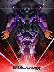  1girl absurdres blue_hair commentary_request english_commentary english_text floating_hair gfred gloves glowing gundam gundam_gquuuuuux highres js_71535 logo long_hair looking_at_viewer mecha mecha_pilot_suit mobile_suit nyaan_(gundam_gquuuuuux) robot science_fiction title yellow_eyes zeon zero_gravity 