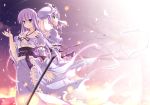  dual_persona hand_holding hat holding_hands long_hair no_hat no_headwear petals purple_eyes purple_hair ribbon saigyouji_yuyuko saigyouji_yuyuko_(living) t-ray time_paradox touhou violet_eyes wind 