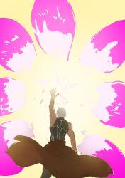  1boy archer_(fate) armor blocking breastplate coat dark-skinned_male dark_skin energy_barrier energy_shield fate/grand_order fate_(series) highres male_focus messy_hair noble_phantasm_(fate) red_coat renkon_eko rho_aias shield shroud_of_martin sketch solo spiky_hair white_hair 