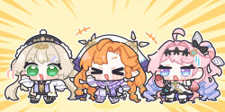  >_< 3girls :d ahoge beret black_bow black_dress black_hat blonde_hair blue_eyes blush_stickers bow braid chibi chibi_only closed_eyes commentary_request denia_(wuthering_waves) dress gradient_hair green_eyes hair_bow hat highres long_hair multicolored_hair multiple_girls nivora_(wuthering_waves) open_mouth orange_hair pink_hair purple_hair purple_scarf scarf sigrika_(wuthering_waves) smile syurikenmaru twin_braids very_long_hair white_dress wuthering_waves yellow_background 
