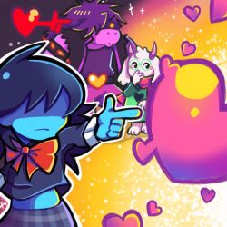  1boy 1girl 1other ajbrojoe black_eyes blue_hair blue_skin cloak closed_mouth colored_skin deltarune english_commentary frown furry furry_female furry_male goat_boy green_cloak heart highres horns kris_(dark_world)_(deltarune) kris_(deltarune) long_hair midriff no_eyes pink_horns pink_scarf plaid_clothes plaid_skirt pointing ralsei red_soul_(utdr) reptile_girl round_eyewear scarf shaded_face skirt soul_(utdr) spiky_hair susie_(dark_world)_(deltarune) susie_(deltarune) utdr_(toby_fox) white_fur yellow_eyes 