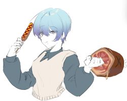  1girl bang_dream! bang_dream!_yumemita blue_hair blue_shirt blush boned_meat brown_sweater_vest closed_mouth commentary eating food gho_rigiho hair_between_eyes highres holding long_sleeves looking_at_viewer meat minetsuki_ritsu minetsuki_ritsu_(real) sausage shirt short_hair simple_background solo sweater_vest upper_body violet_eyes white_background 