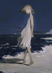  1girl arms_behind_back bare_arms beach blonde_hair bob_cut breasts brown_eyes clouds cloudy_sky dress expressionless floating_drapes floating_hair from_side high_collar horizon long_dress looking_to_the_side night ocean original parted_hair parted_lips sand side_part sideways_glance sky sleeveless sleeveless_dress small_breasts solo standing tiptoes toduring turning_head waves white_dress 