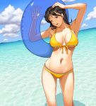  beach bikini black_hair breasts brown_eyes dutch_angle front-tie_top hands highres innertube kawanuma_uotsuri large_breasts long_hair original shadow solo swimsuit thigh_gap transparent 