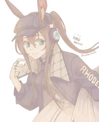  1girl amiya_(arknights) amiya_(newsgirl)_(arknights) animal_ear_fluff animal_ears aqua_eyes arknights ascot black_ascot black_hat black_jacket brown_hair closed_mouth clothes_writing commentary_request dress fingernails hair_between_eyes hand_up happy_birthday hat headphones jacket jewelry long_hair long_sidelocks looking_at_viewer multiple_rings official_alternate_costume pale_colors partial_commentary ring sidelocks simple_background smile solo twitter_username white_background white_dress wwata_candy 
