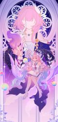 2girls absurdres ankle_flower bare_shoulders book bow_(weapon) breasts ceremonial_blade_(honkai:_star_rail) chinese_commentary coat commentary_request cyrene_(demiurge)_(honkai:_star_rail) cyrene_(honkai:_star_rail) cyrene_(philia093)_(honkai:_star_rail) dated detached_sleeves diamond-shaped_pupils diamond_(shape) dress dress_flower earrings faceless faceless_female flower full_body hair_flower hair_intakes hair_ornament halo halo_behind_head high_heels highres holding holding_book holding_quill honkai:_star_rail honkai_(series) jewelry large_breasts layered_dress leaf_hair_ornament liuyungeliyuyuzi long_hair multicolored_dress multicolored_hair multicolored_ribbon multiple_girls neck_flower necklace pink_hair planet planet_earrings pointy_ears projected_inset purple_coat purple_dress purple_sleeves quill ribbon short_hair short_sleeves sitting small_breasts smile symbol-shaped_pupils two-tone_hair upper_body very_long_hair violet_eyes weapon white_dress white_hair white_halo white_sleeves wide_sleeves wrist_ribbon 