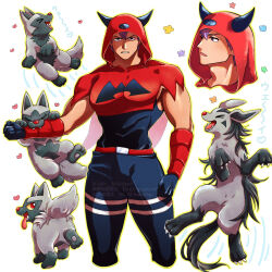  >_< 1boy belt biting biting_another's_arm bodysuit commentary_request dancing dazzling3ti fake_horns hair_between_eyes heart highres hood horned_hood horns looking_at_viewer looking_to_the_side male_focus mightyena multiple_views muscular muscular_male pokemon pokemon_(creature) pokemon_ruby/sapphire/emerald poochyena purple_hair red_belt ribbed_bodysuit shaded_face short_hair tabitha_(pokemon) team_magma team_magma_uniform 