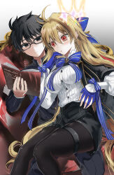  1boy 1girl absurdres archetype_earth arcueid_brunestud black_eyes black_hair black_pantyhose black_shorts blush book commentary_request commission dainatsu earrings glasses highres holding holding_book jewelry long_hair pantyhose pixiv_commission red_eyes shirt short_hair shorts sitting sitting_on_lap sitting_on_person smile tohno_shiki tsukihime tsukihime_(remake) white_shirt 