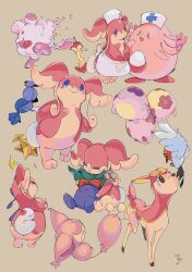  0_ici_0 absurdres apple apple_core apron audino bird bow cat chansey color_connection deer deerling deerling_(spring) fletchling food fruit hat highres max_revive munna no_humans nurse_cap oddish pink_theme plant pokemon pokemon_(creature) pokemon_focus rare_candy red_bow robin_(animal) simple_background skitty swirlix white_apron 