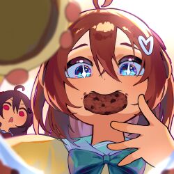 2girls absurdres ahoge blue_bow blue_bowtie blue_eyes blue_sailor_collar bow bowtie broken_heart brown_hair cardigan commentary cookie drooling english_commentary evil_neuro-sama evil_neuro-sama_(1st_costume) food hair_between_eyes hair_ornament hair_ribbon heart heart_hair_ornament highres holding_lid jar long_hair mouth_drool mouth_hold multiple_girls neuro-sama neuro-sama_(1st_costume) red_bow red_bowtie red_eyes red_ribbon ribbon sailor_collar siblings sisters sparkling_eyes tanhuluu twins upper_body vedal_ai yellow_cardigan 