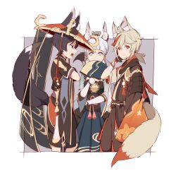  1girl 2boys animal_ear_fluff animal_ears antenna_hair arm_at_side armor asymmetrical_sleeves black_ears black_gloves black_hat black_kimono black_scarf black_shorts black_sleeves black_tail black_veil blue_hakama blue_skirt blue_sleeves blunt_bangs border bow brown_bow brown_kimono brown_pants brown_sleeves chinese_knot collared_coat colored_tips commentary crossed_arms dou english_commentary eyelashes fingerless_gloves floral_print_sleeves fox_boy fox_ears fox_girl fox_tail furisode genshin_impact gloves gold gold_trim grey_tail hakama hand_fan hand_up hand_wraps hat high_collar highres hime_cut holding holding_fan japanese_armor japanese_clothes jinbaori jingasa kaedehara_kazuha kamisato_ayaka kimono kote kusazuri lapels layered_sleeves long_skirt looking_at_another looking_at_viewer looking_up low_ponytail mole mole_under_eye multicolored_hair multiple_boys no_pupils notched_lapels open_mouth pants parted_lips pleated_skirt ponytail popiahpot purple_sash purple_sleeves red_eyes red_hair red_hat red_scarf red_sleeves red_tail sash scaramouche_(genshin_impact) scaramouche_(harbinger)_(genshin_impact) scarf short_ponytail short_sleeves shorts single_sode skirt smile streaked_hair tail tail_raised tassel teeth three-quarter_sleeves tongue two-tone_hat two-tone_kimono uneven_sleeves upper_teeth_only veil white_border white_eyes white_kimono white_mouth white_sleeves white_trim 